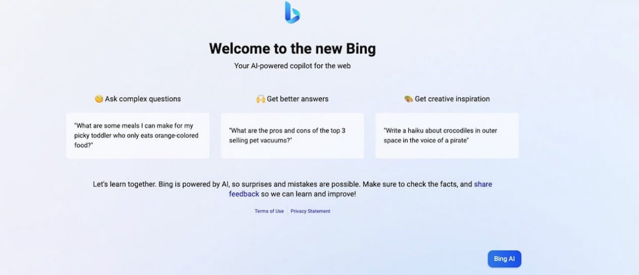 Bing Chat initial page