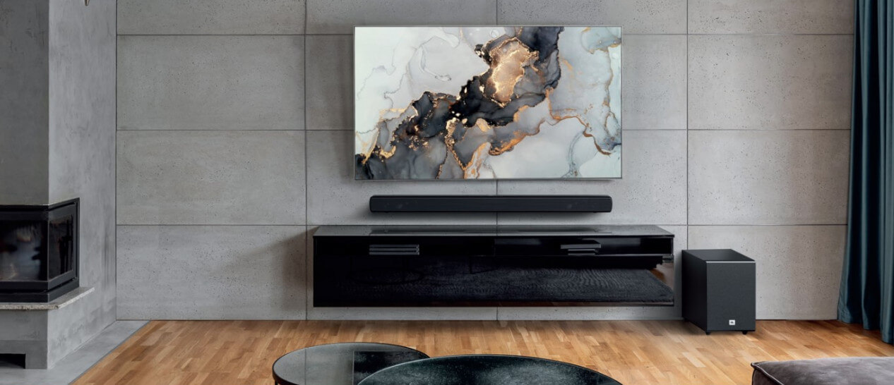 smart tv with soundbar in modern living room