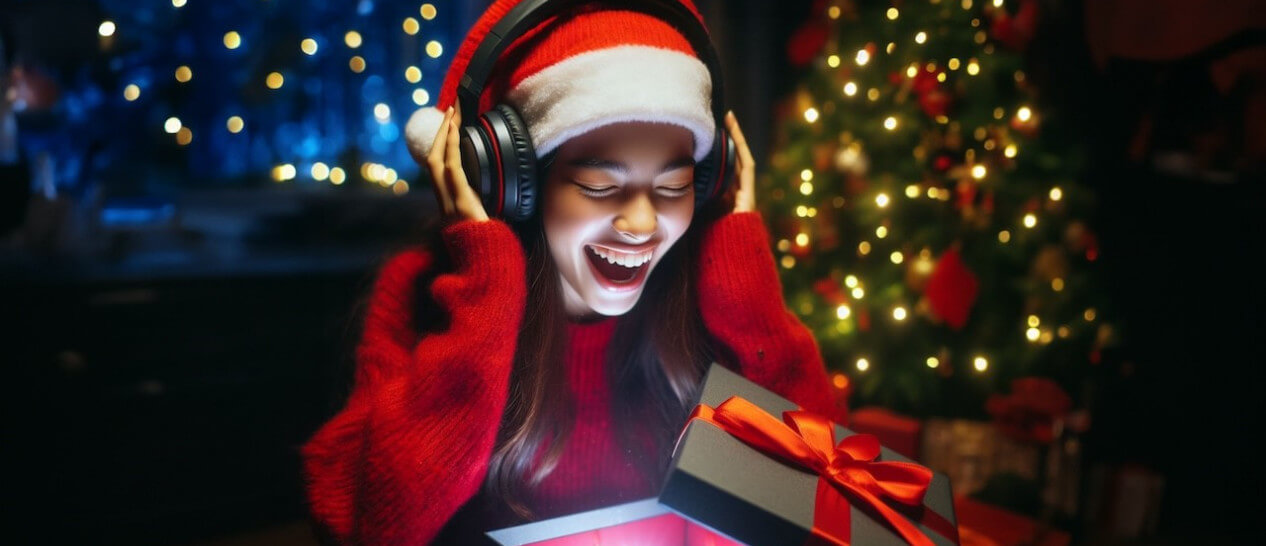 young happy girl unboxes gift wearing headphones