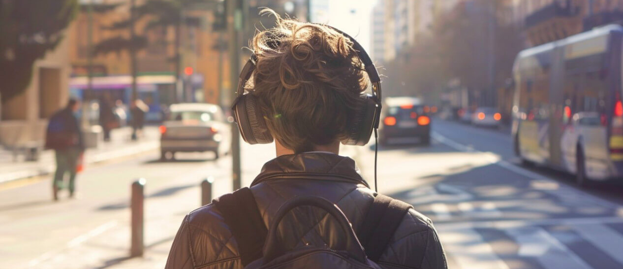 headphones in a busy street