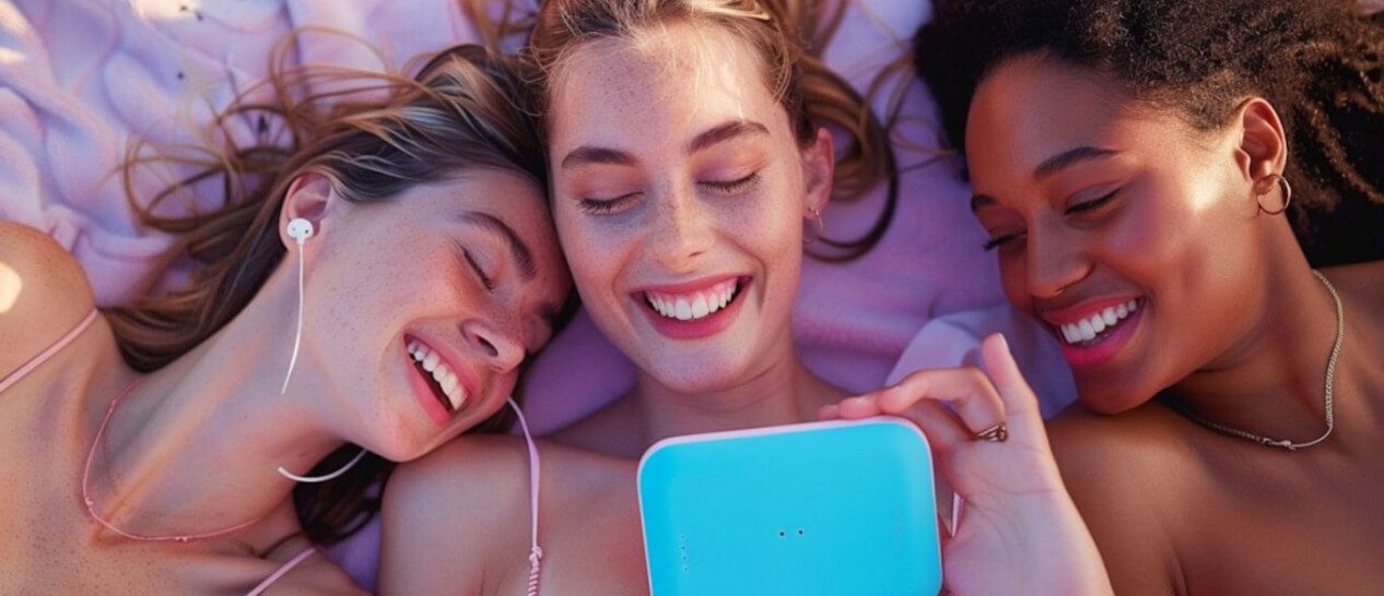 three young women at beach with bluetooth speaker