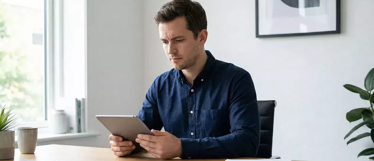 Ένας άνδρας ασχολείται με το tablet που αγόρασε φέτος τη Black Friday σε σούπερ τιμή από τον ΓΕΡΜΑΝΟ