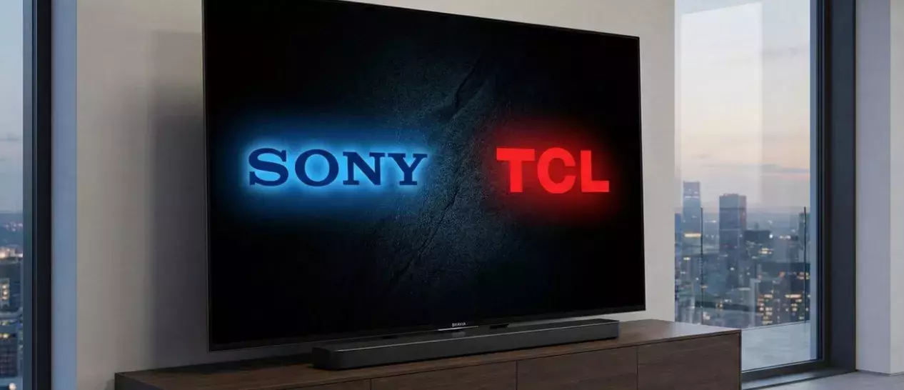 Μία τηλεόραση με τα λογότυπα των TCL και SONY