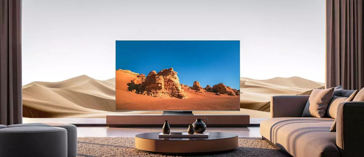 Μία τηλεόραση QD-Mini LED της TCL σε ένα φωτεινό σαλόνι
