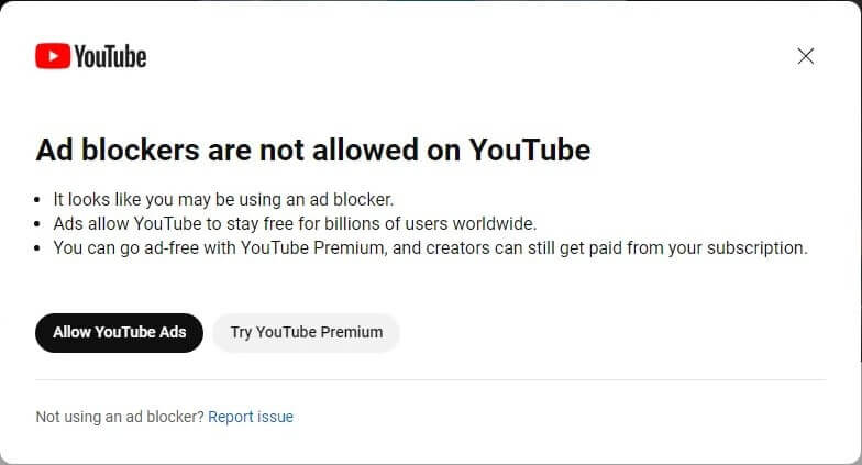 YouTube adblockers pop-up message