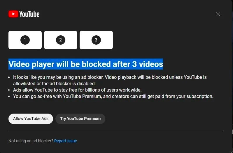 YouTube adblockers pop-up message