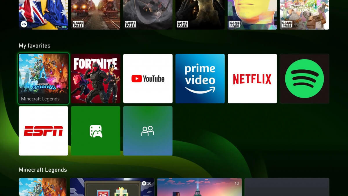 Xbox new home dashboard favourites