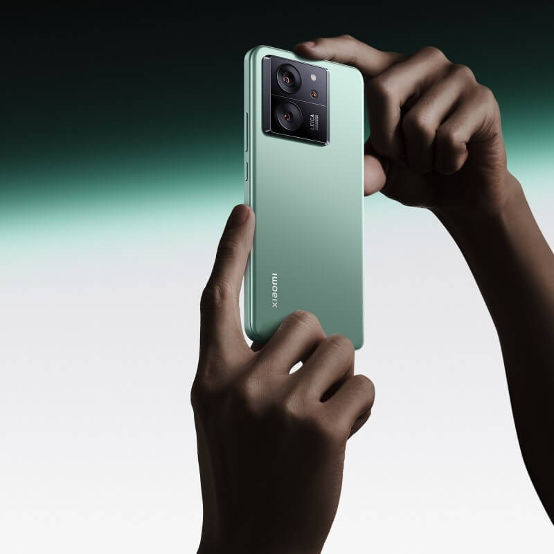 green xiaomi 13t back view with leica cameras
