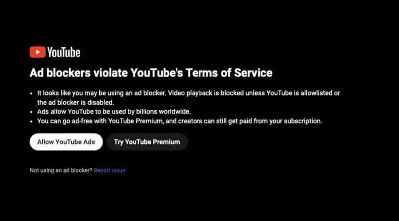 youtube ad block warning