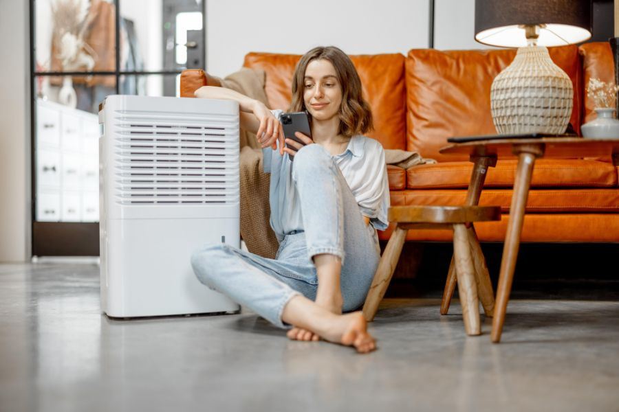 young woman uses dehumidifier via wifi