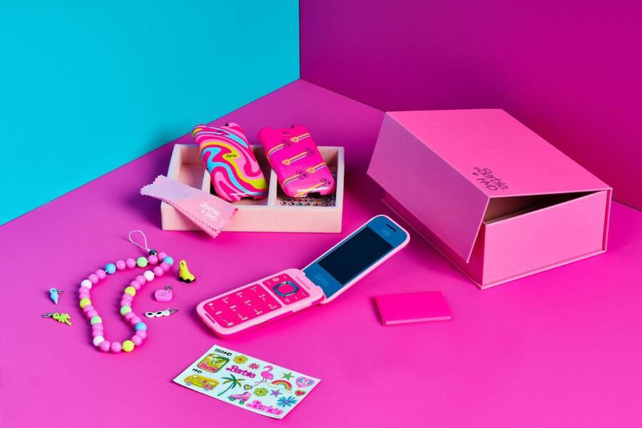 barbie phone on table