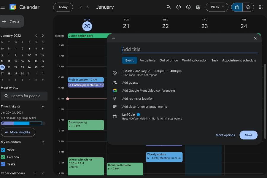 google calendar dark theme