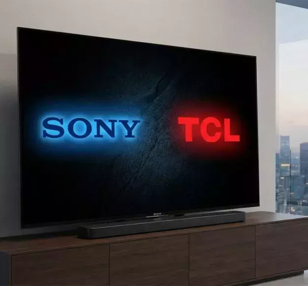 Μία τηλεόραση με τα λογότυπα των TCL και SONY